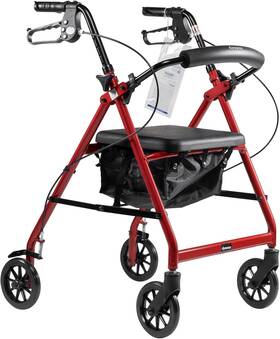 10201rd Dynarex Dynago Quad Rollator 6 Inch Wheels Padded Seat Backrest Storage Red