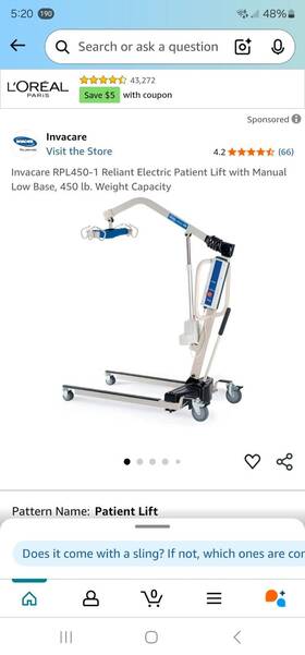 Rpl450-1 Invacare 450-2 Reliant Electric Patient Lift With Manual Low Base 450 Lb