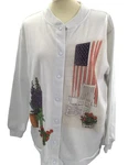 Blair Women's Button Up 88% Poly Sweater, Large Pt, American Flag, Porch,lilacs. Fixed Price $6.88.