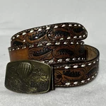 Vintage Wright Hand Tooled Western Leather Belt Buckle Mens 44 Cowhide Country. Fixed Price $20.00.