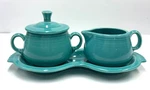 Fiesta Creamer & Sugar Bowl Set With Under Tray, Turquoise, Euc - Free Shipping. Fixed Price $42.95.