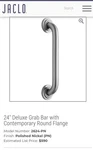 Jaclo 2624-PN 24" Deluxe Grab Bar With Contemporary Round Flange Polished Nickel. Fixed Price $300.00.