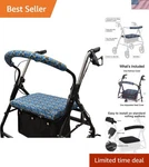 Complete Set Of Rollator Seat And Backrest Covers - Stylish Blue Leaf Patterns. Fixed Price $27.99.
